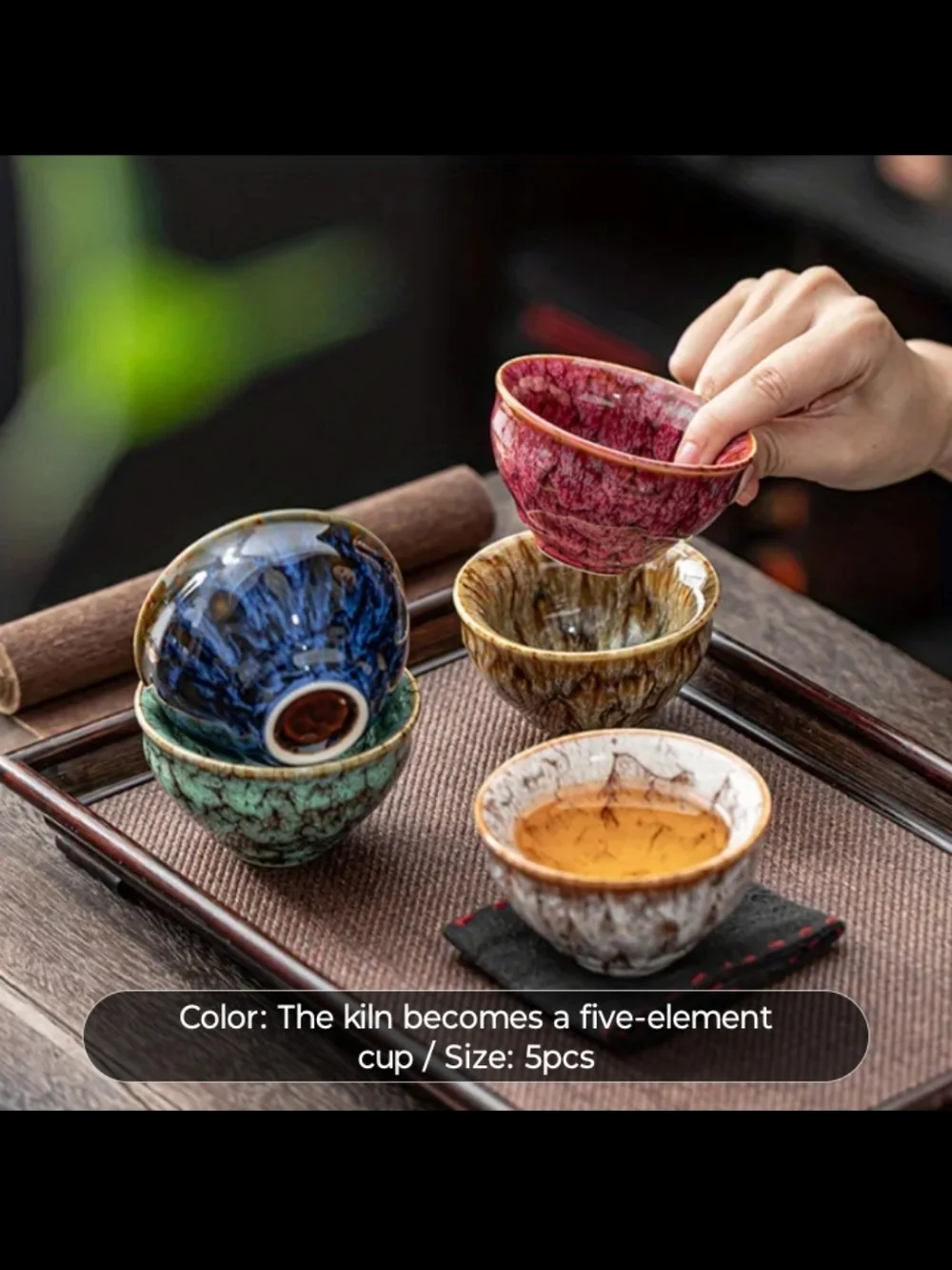 Five-Element Glazed Ceramic Teacup Set - Multicolor